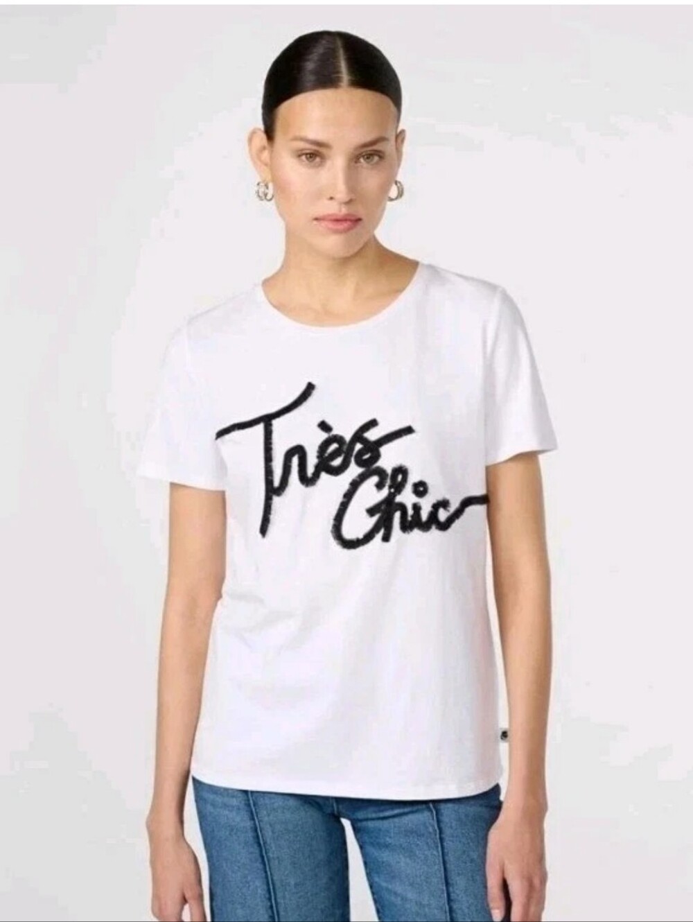 Karl Lagerfeld Paris Top Tres Chic Fringe White Black Tee Shirt Spell Out M